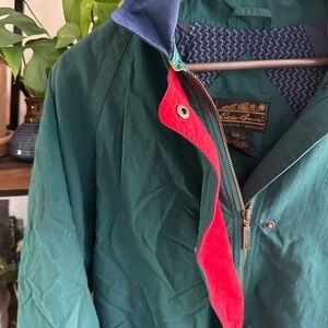 Eddie Bauer Green and Red Windbreaker with Full Zip and Stand Up Collar